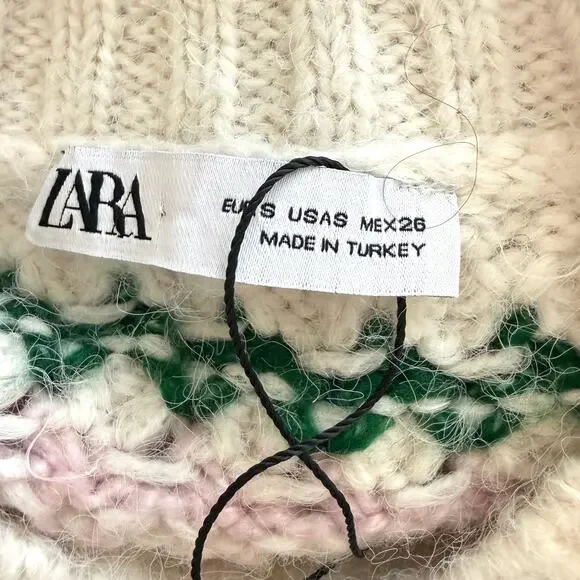 ZARA Crochet Knit Cropped Pastel Short Sleeve Sweater In Cream Pink Size Small - Picture 9 of 10